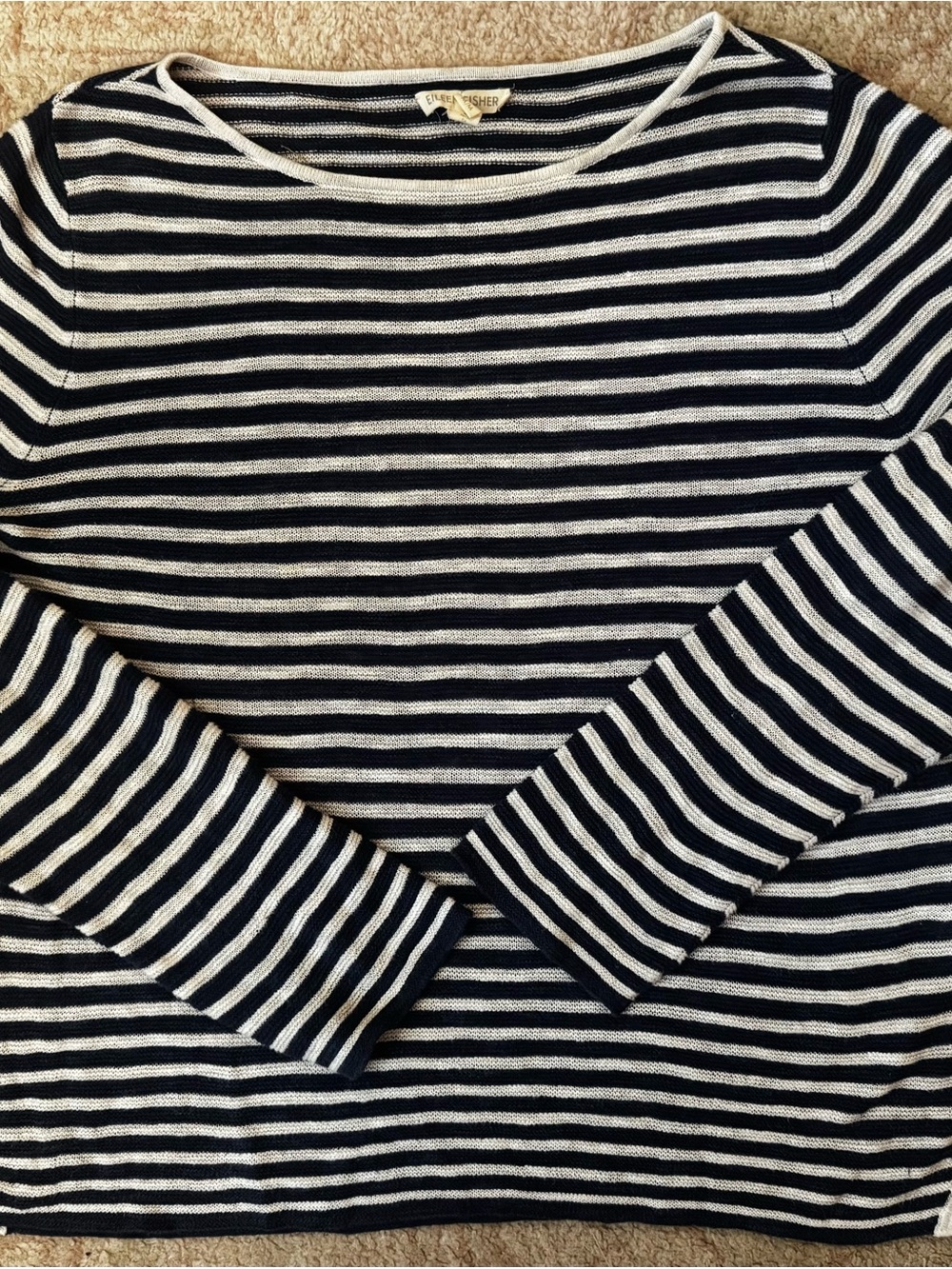 Eileen Fisher Organic Linen Cotton Navy Stripe Boat Neck Sweater M